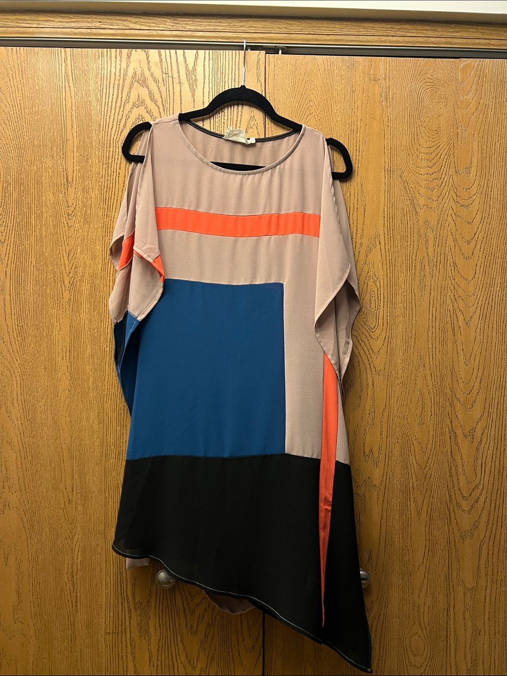 Lush Colorblock Cold-Shoulder Tunic - Blue, Black & Coral on Taupe